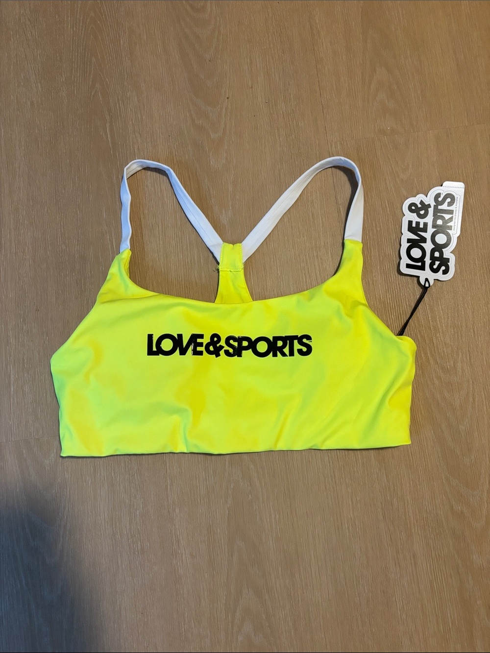 NWT LOVE & SPORTS Kiki Neon Yellow Color Block Sports Bra size Large (12-14)